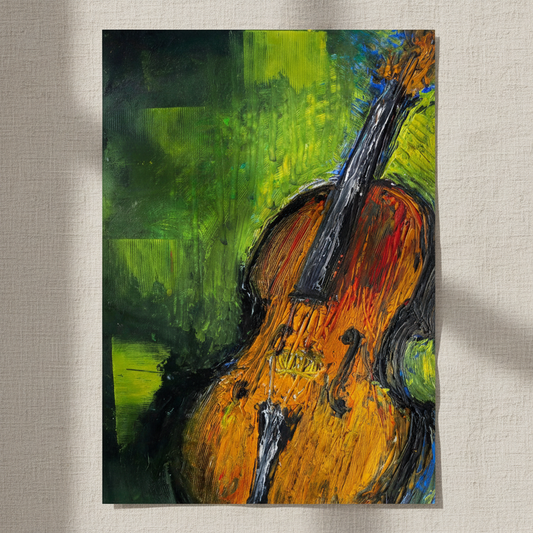 Old Irish fiddle painting, violin in orange and brown on a green textured background, unframed print on a linen wall
