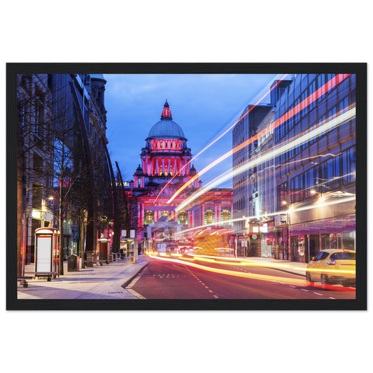 Vibrant Belfast City Hall Framed Art Print: A colorful depiction of Belfast's iconic City Hall with intricate details. The landmark is set against a lively backdrop of vivid hues, reflecting the city's dynamic spirit. Perfect for adding urban sophistication to any space.