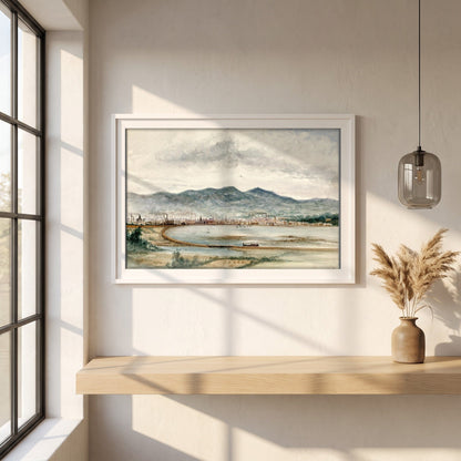 Belfast from Bunker's Hill by John O'Connor framed print in a white frame on a plaster wall above an oak worktop in a bright Scandinavian kitchen