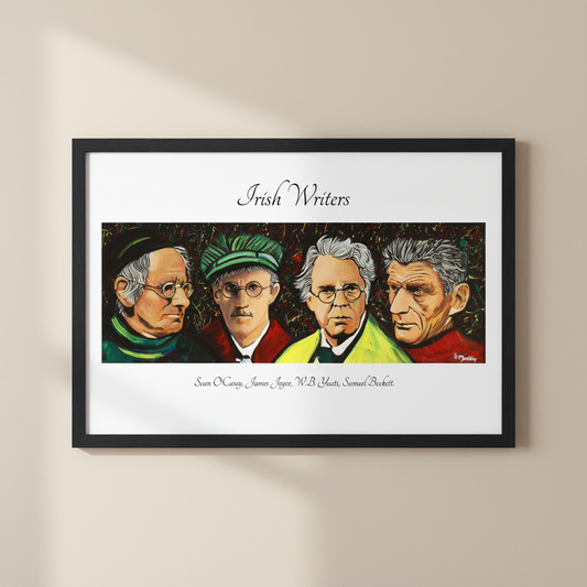 Irish Writers print of Sean O'Casey, James Joyce, W.B. Yeats and Samuel Beckett in a black frame on a sunlit wall
