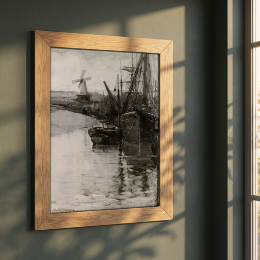 Boats in Rye Harbour, Sussex framed print in a natural oak frame on a dark green wall beside a window, dappled plant shadow