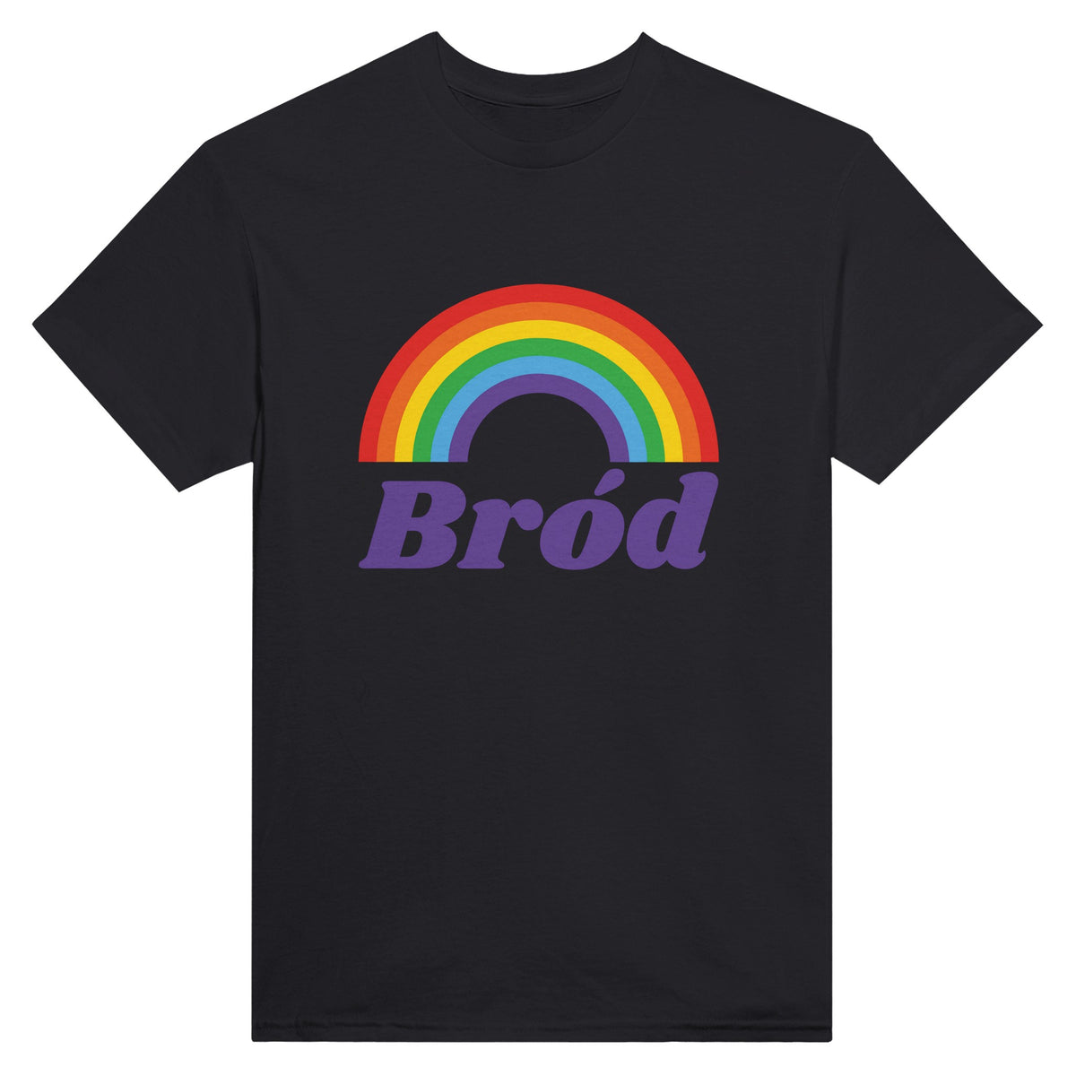Bród, Irish for pride, in purple lettering under a rainbow printed on a black t-shirt