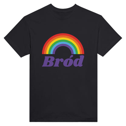 Bród, Irish for pride, in purple lettering under a rainbow printed on a black t-shirt
