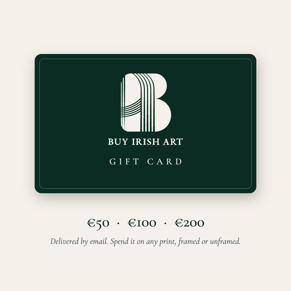 Buy Irish Art gift card in dark green with the B monogram, available in €50, €100 and €200