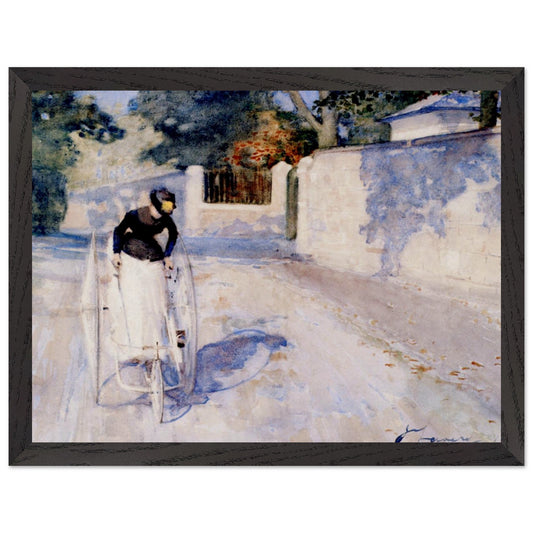Women on a Safety Tricycle by Sir John Lavery in a dark wood frame, woman in black on a sunlit lane