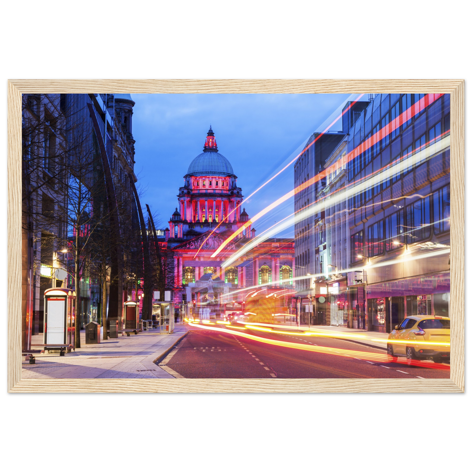 Vibrant Belfast City Hall Framed Art Print: A colorful depiction of Belfast's iconic City Hall with intricate details. The landmark is set against a lively backdrop of vivid hues, reflecting the city's dynamic spirit. Perfect for adding urban sophistication to any space.