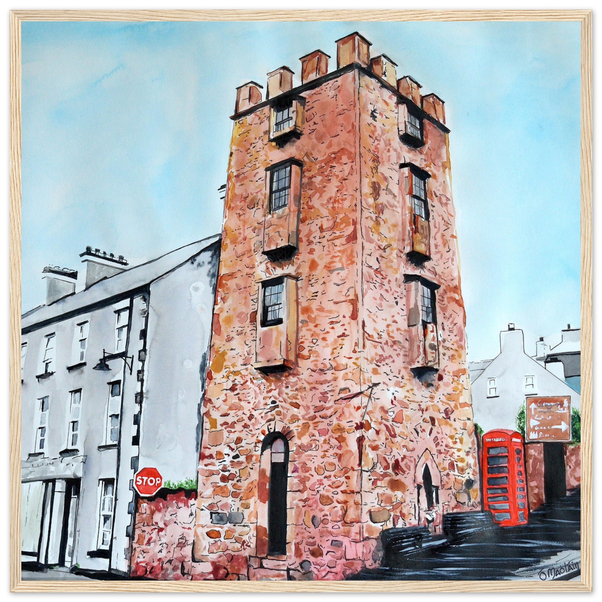 Framed art print 'The Curfew Tower' by Ó Maoláin. This piece depicts The Curfew Tower in Cushendall, Glens of Antrim, built by Francis Turnley in 1820 and now owned by Bill Drummond. The artwork showcases the tower amid the scenic Glens of Antrim.