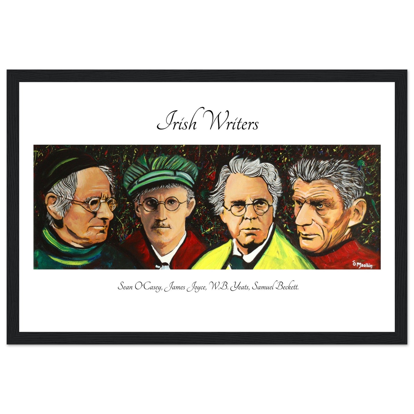 Irish Literary Giants Framed Art Print by Mullan features portraits of Sean O'Casey, James Joyce, W.B. Yeats, and Samuel Beckett. This unique artwork celebrates the legacy of four iconic Irish writers Perfect for literature enthusiasts and art lovers