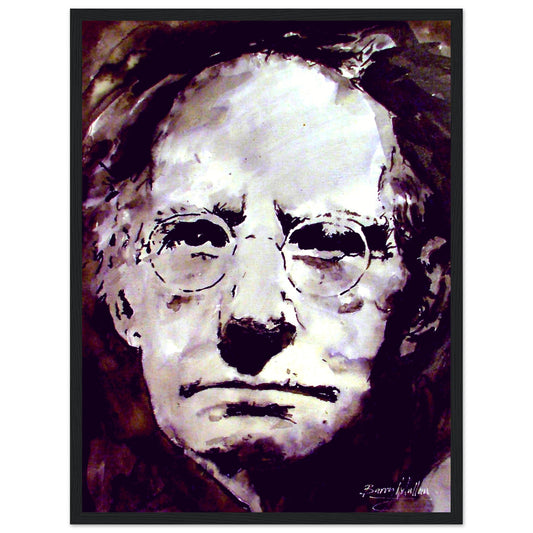 Sean O'Casey portrait in round glasses, painted in purple and white tones, print in a black frame