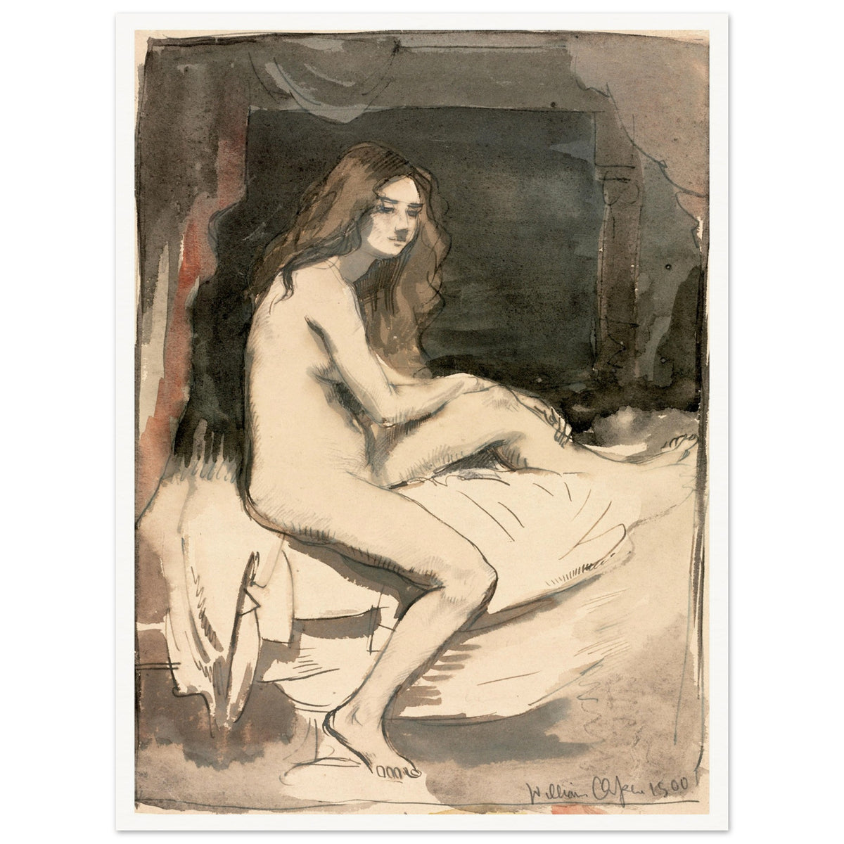 Seated female nude study by William Orpen, in a white frame, wide-format size