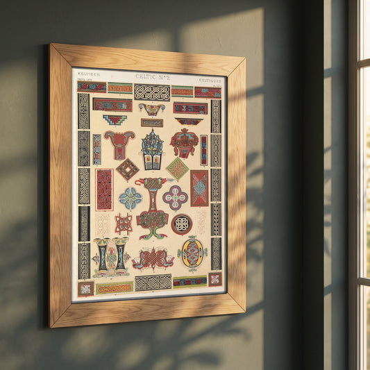 Celtic No.2 by Owen Jones framed print in a natural oak frame on a dark green wall beside a window, dappled plant shadow