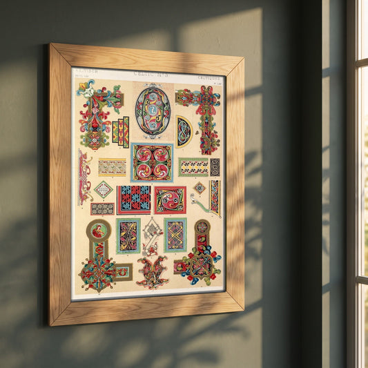 Celtic No.3 (1856) by Owen Jones framed print in a natural oak frame on a dark green wall beside a window, dappled plant shadow