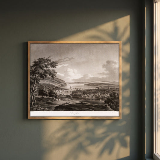 City of Cork by Thomas Sautelle Roberts Art Print framed print in a natural oak frame on a dark green wall beside a window, dappled plant shadow