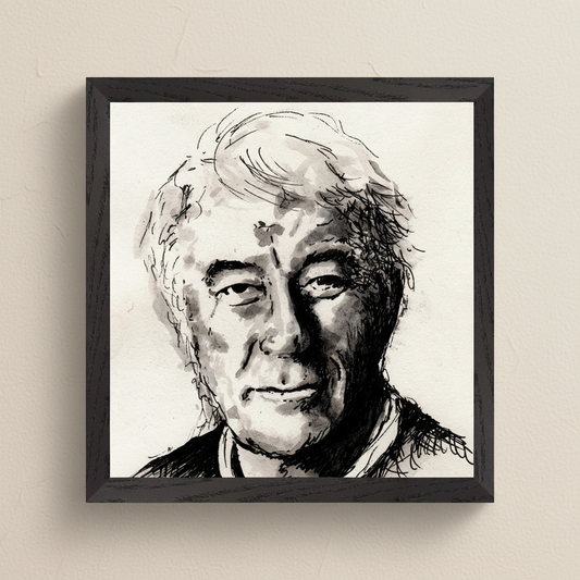 Seamus Heaney portrait print in a black frame hanging on a warm beige wall, The Squat Pen