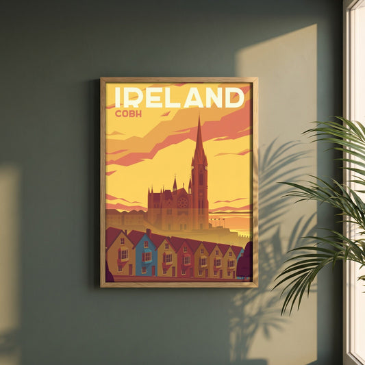 Cobh, Cork retro travel poster in a natural oak frame on a dark green wall beside a window, dappled plant shadow