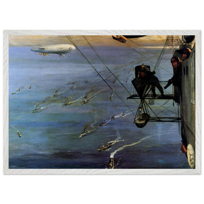 A Convoy, North Sea (1918) by Sir John Lavery print in a white frame, view from an airship over ships