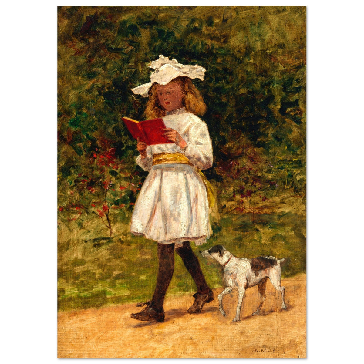 Girl reading painting by Aloysius O'Kelly, child in a white dress and yellow sash with a terrier