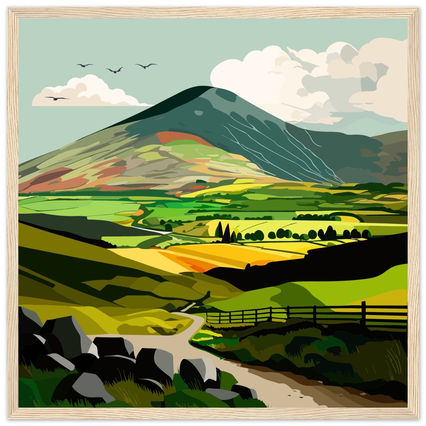 Wooden framed art print depicting lush green Irish countryside, evoking tranquility and beauty. Ideal for nature lovers longing for the Emerald Isle's serene landscapes.