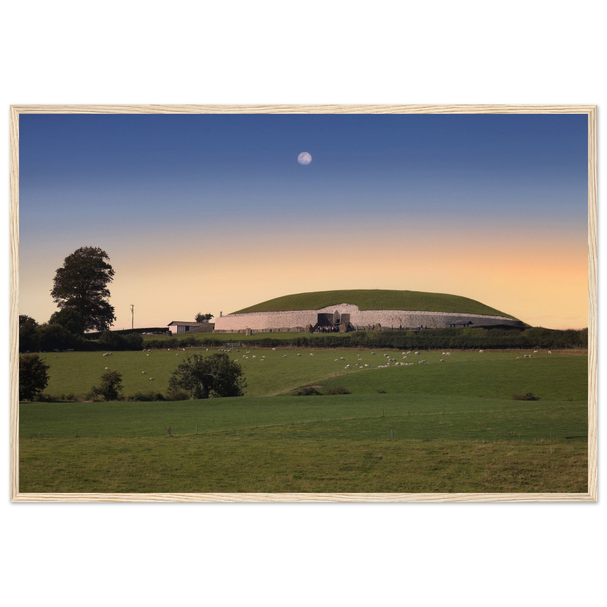 Newgrange framed print: A depiction of the ancient Irish monument, showcasing its intricate carvings and timeless aura. Crafted on 200 gsm Archival Art paper, framed in solid wood. Free worldwide delivery.