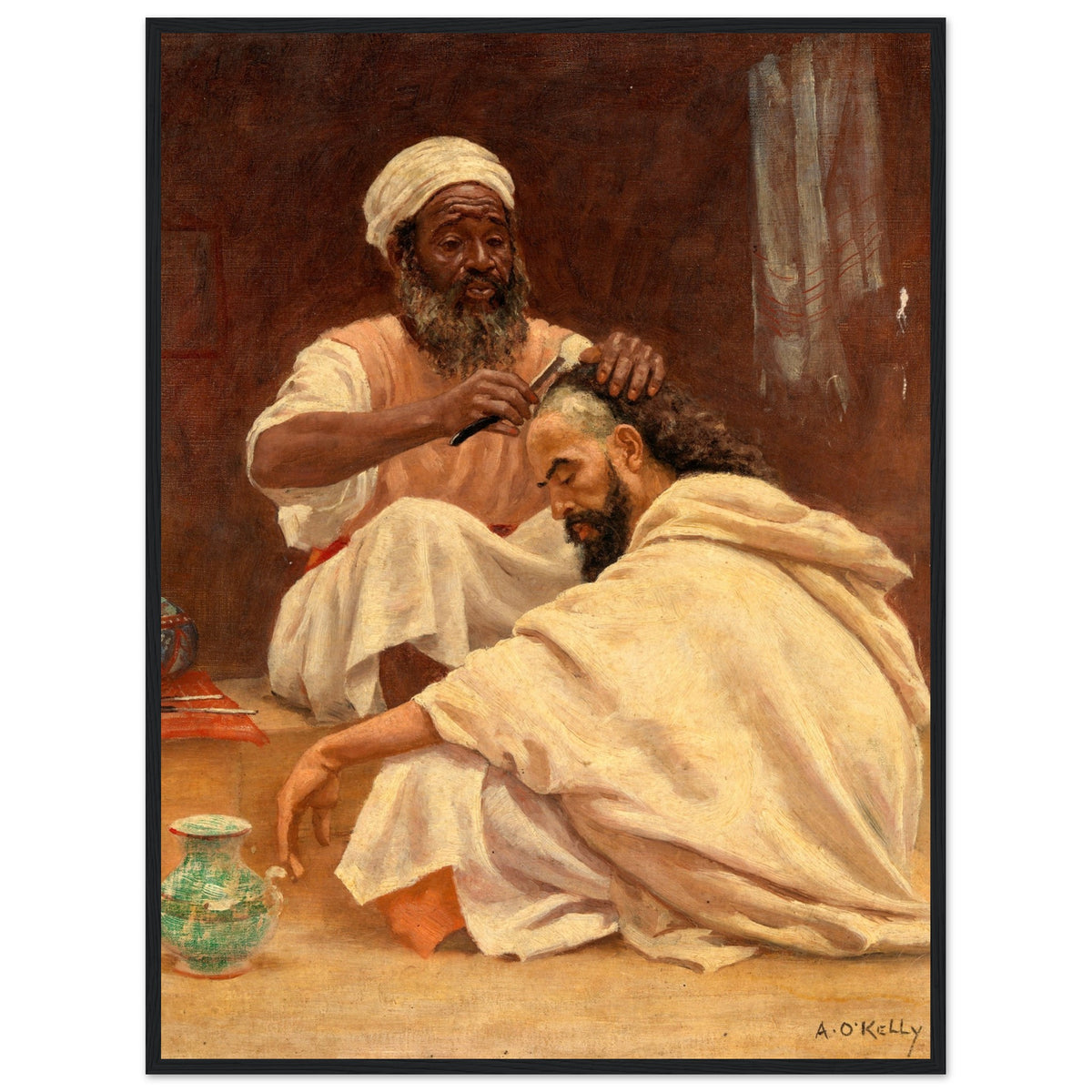 A Barber, Morocco by Aloysius O'Kelly in a black frame on a plain white background