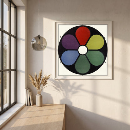 Darkened Shades of the Primaries by James Ward framed print in a white frame on a plaster wall above an oak worktop in a bright Scandinavian kitchen