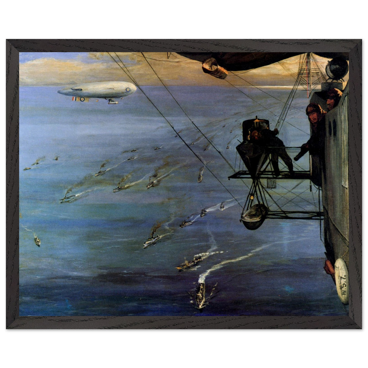 A Convoy, North Sea by John Lavery print in a dark wooden frame, First World War convoy at sea