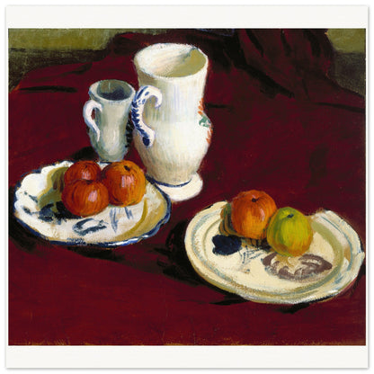 Still life of apples, white jugs and Breton plates on red cloth by Roderic O'Conor, unframed print