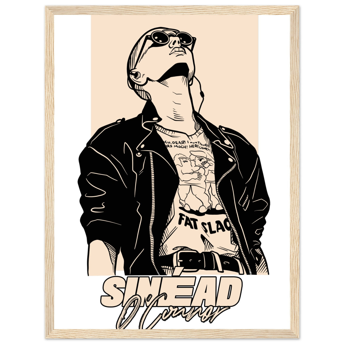 Sinéad O'Connor line art portrait with head tilted back on a peach background, oak frame