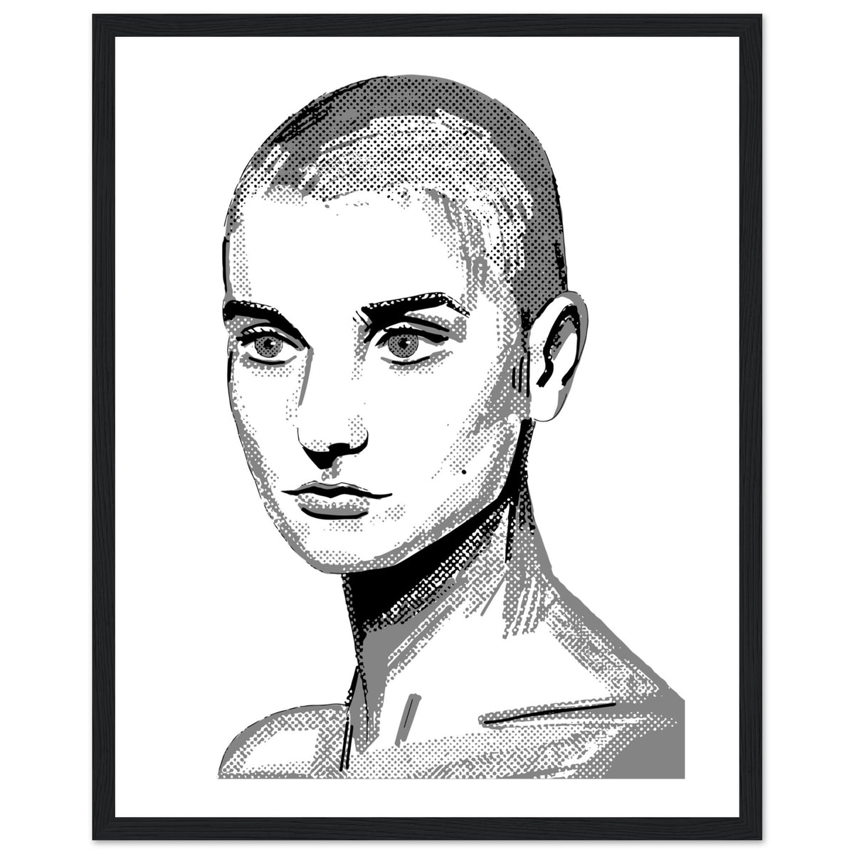 Black and white Sinéad O'Connor poster print in a heavy black frame, front view