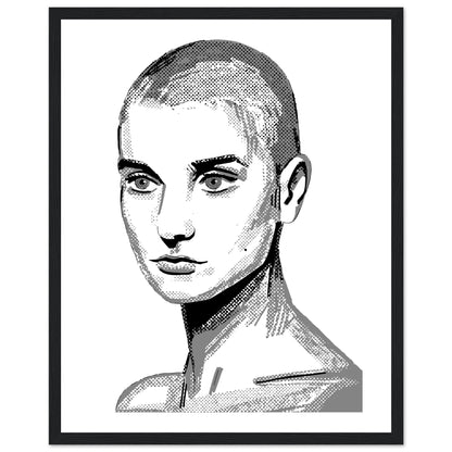 Black and white Sinéad O'Connor poster print in a heavy black frame, front view