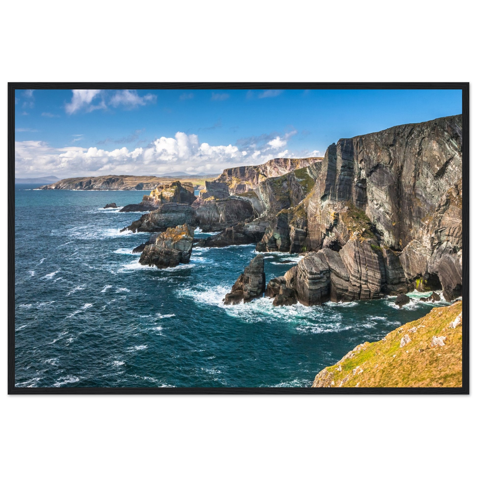 Captivating framed print of Mizen Head, County Cork, Ireland. Features dramatic Atlantic coast, towering cliffs, and raw power of ocean. Perfect decor for nature lovers.