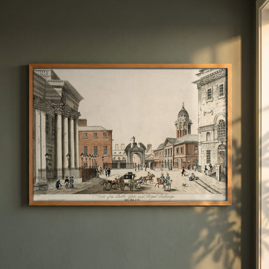 Dublin Castle Gate framed print in a natural oak frame on a dark green wall beside a window, dappled plant shadow