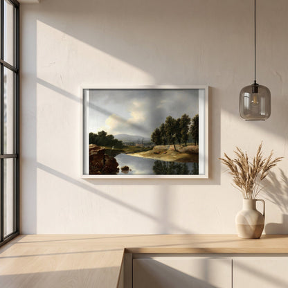Duffy’s Cotton Mills, Ballsbridge framed print in a white frame on a plaster wall above an oak worktop in a bright Scandinavian kitchen