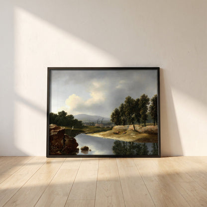 Duffy’s Cotton Mills, Ballsbridge framed print in a black frame leaning against a white plaster wall on oak floorboards in morning light