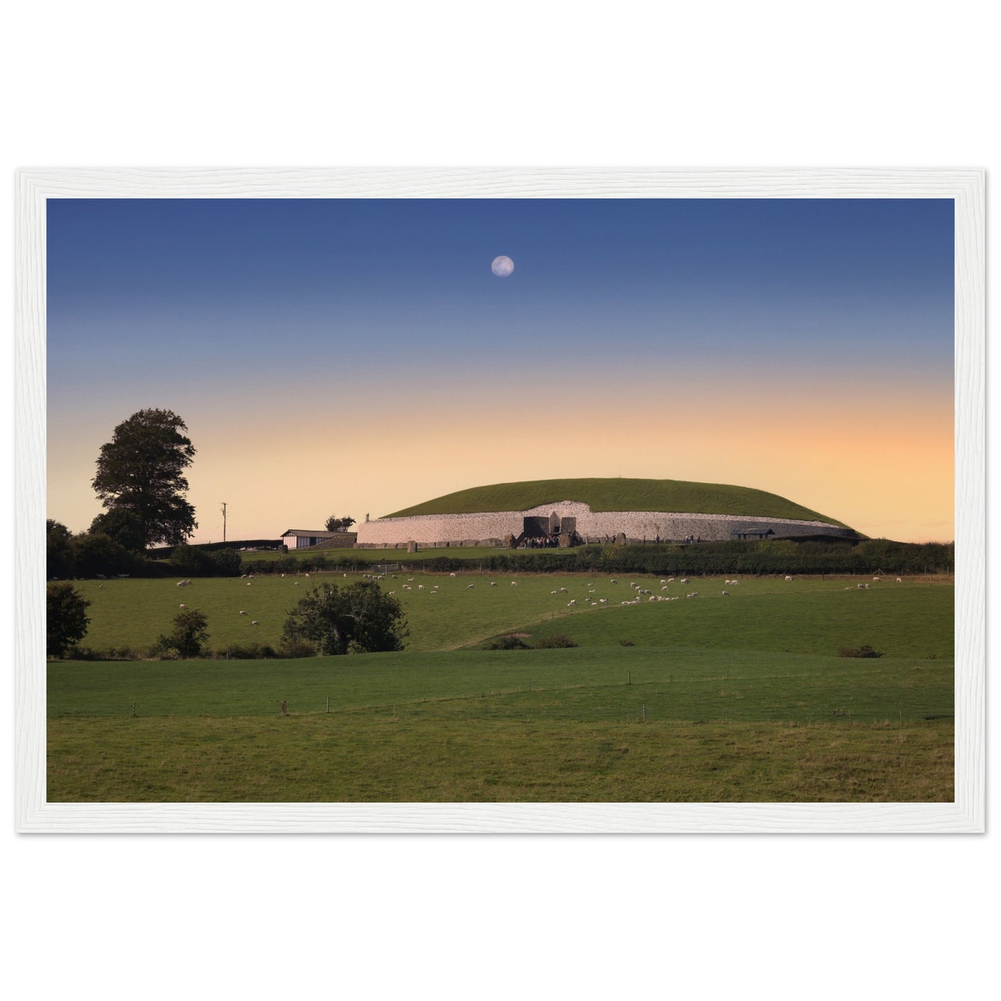 Newgrange framed print: A depiction of the ancient Irish monument, showcasing its intricate carvings and timeless aura. Crafted on 200 gsm Archival Art paper, framed in solid wood. Free worldwide delivery.