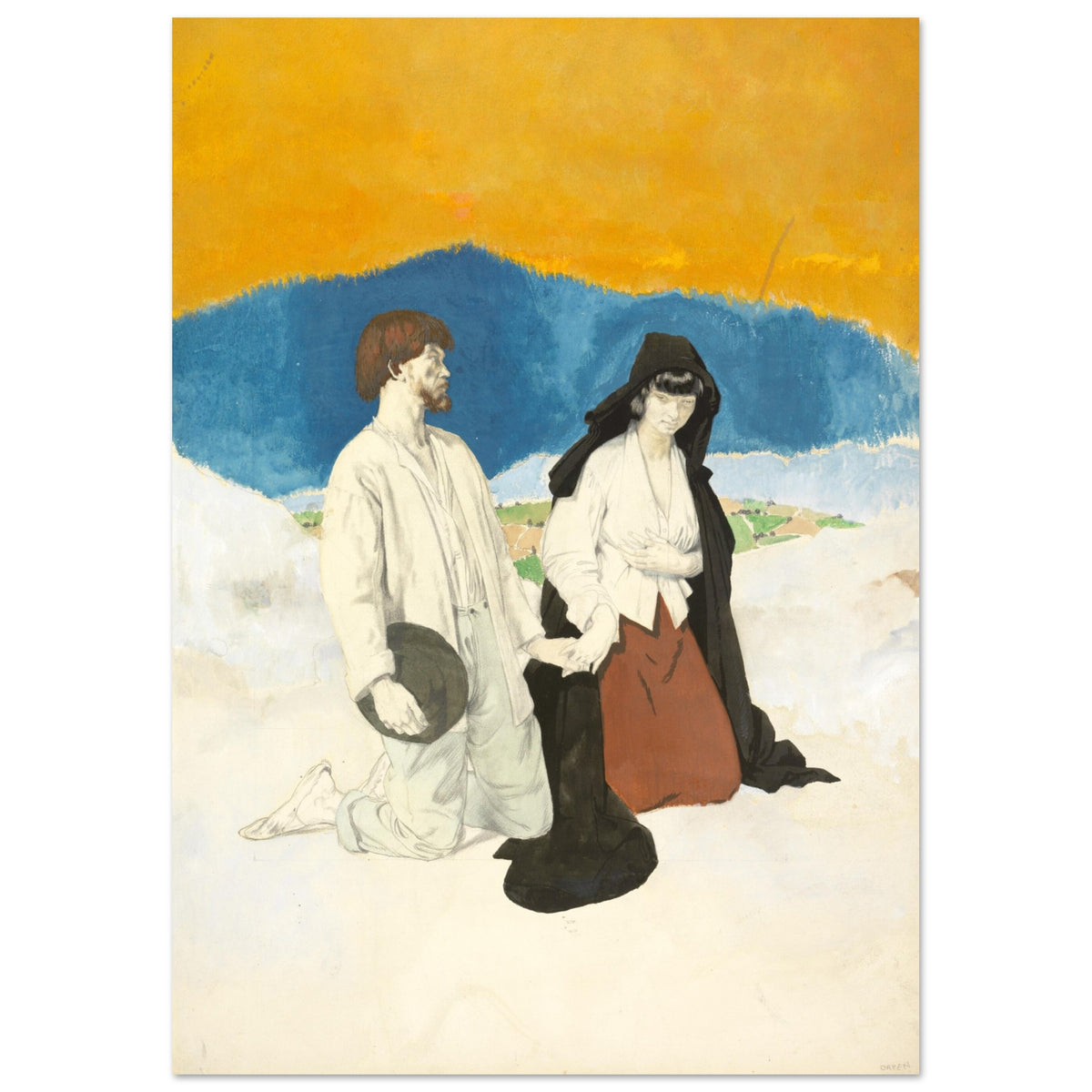 William Orpen painting of a kneeling bride and groom in a Western Irish landscape, unframed print