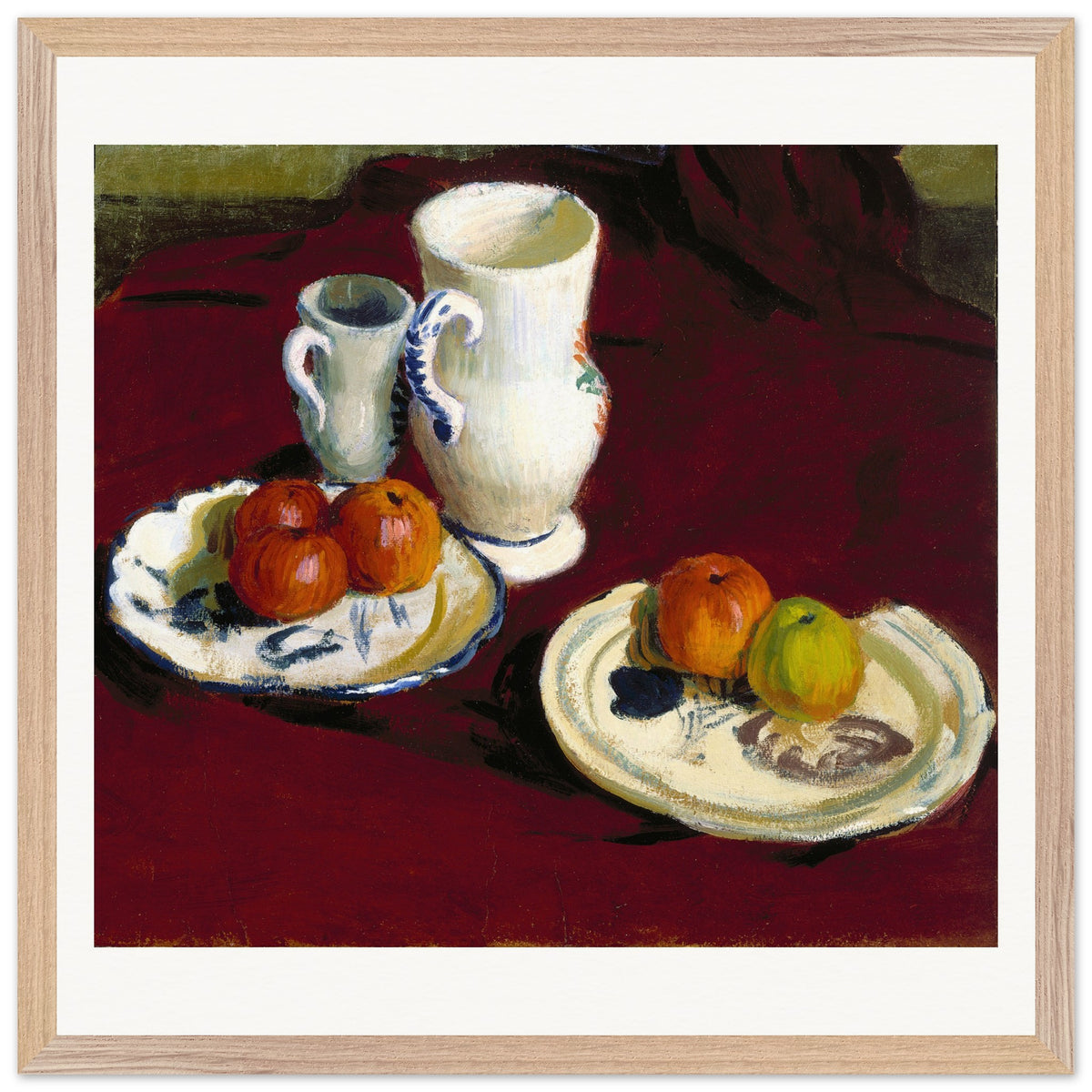 Apples and Breton Pots still life in a light oak frame with a white mount