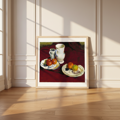 Roderic O'Conor still life framed print in a light oak frame leaning against panelled wall on a wooden floor