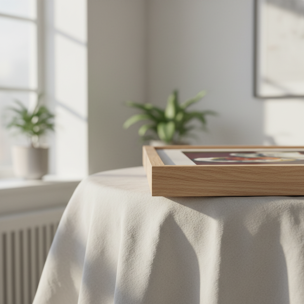 Boxed framed print of Apples and Breton Pots on a table with white linen cloth beside a window