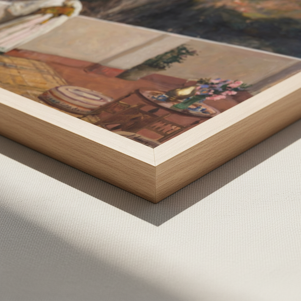 Detail of a light oak frame corner on Evening, Tangier print showing the terrace floor