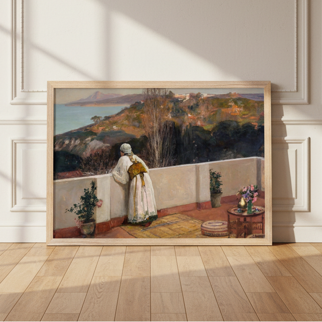 Evening, Tangier in a light oak frame leaning against a panelled wall on a wooden floor