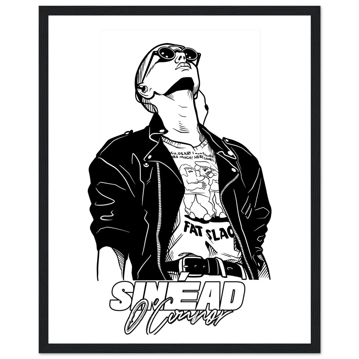 Black and white Sinéad O'Connor portrait illustration with her name lettered below, print in a black frame