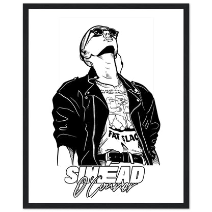 Black and white Sinéad O'Connor portrait illustration with her name lettered below, print in a black frame
