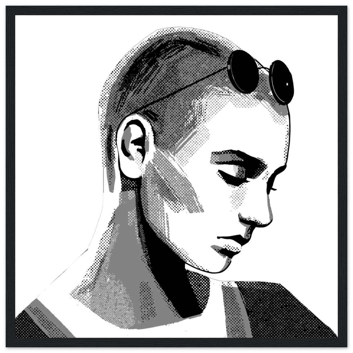 Sinéad O'Connor black and white portrait print in a slim black frame, straight-on view
