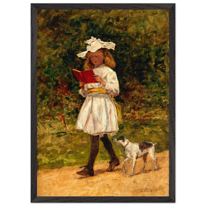 A Young Girl Reading by Aloysius O'Kelly in a black frame, girl reading beside green hedges