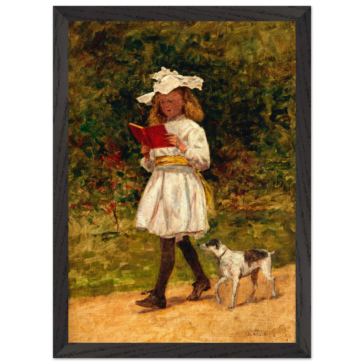 Aloysius O'Kelly A Young Girl Reading print in a black frame, girl in white on a sunlit path