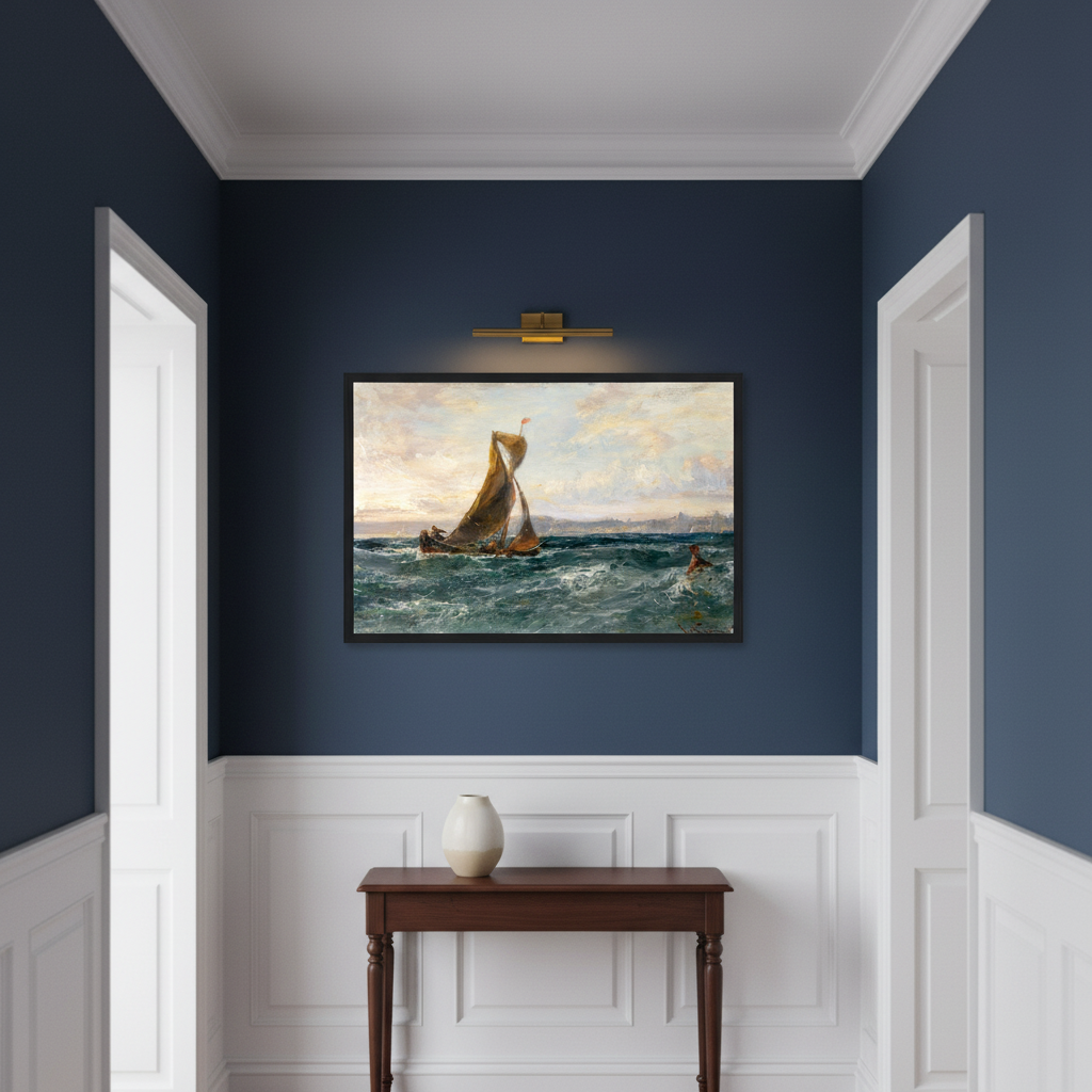 Edwin Hayes Dublin Bay seascape print in black frame on dark wall Georgian hallway