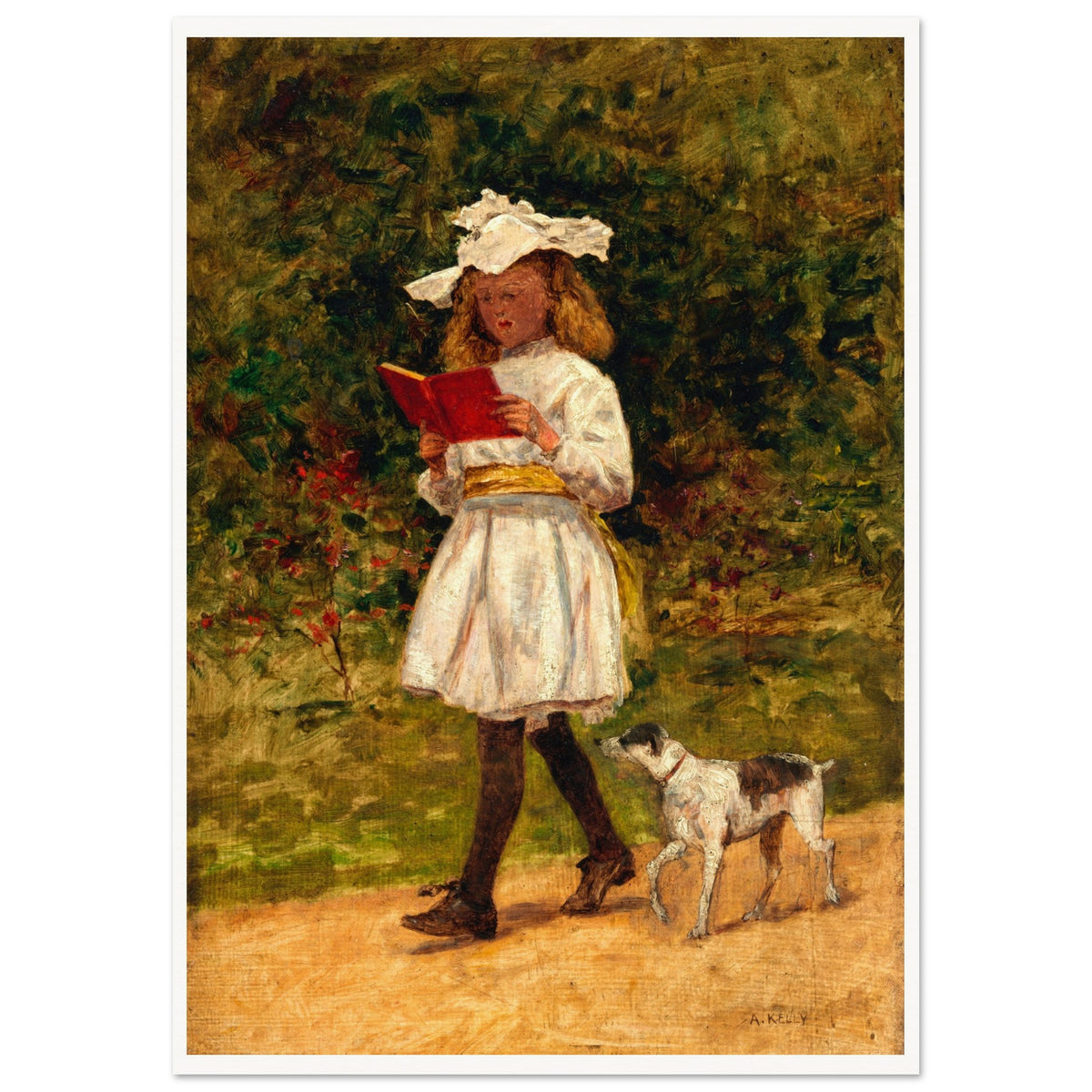 Aloysius O'Kelly girl reading print with a fine white edge, girl in white reading a red book