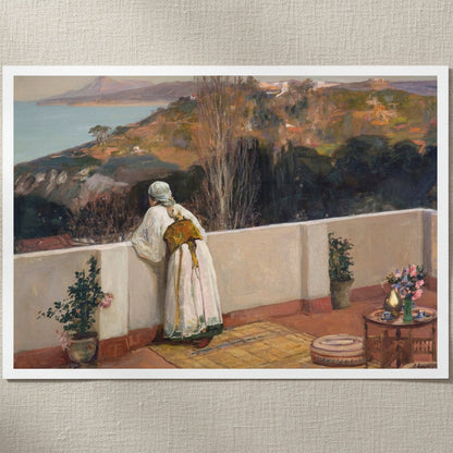 Evening, Tangier by Sir John Lavery unframed print on linen, woman on a terrace above the bay at dusk