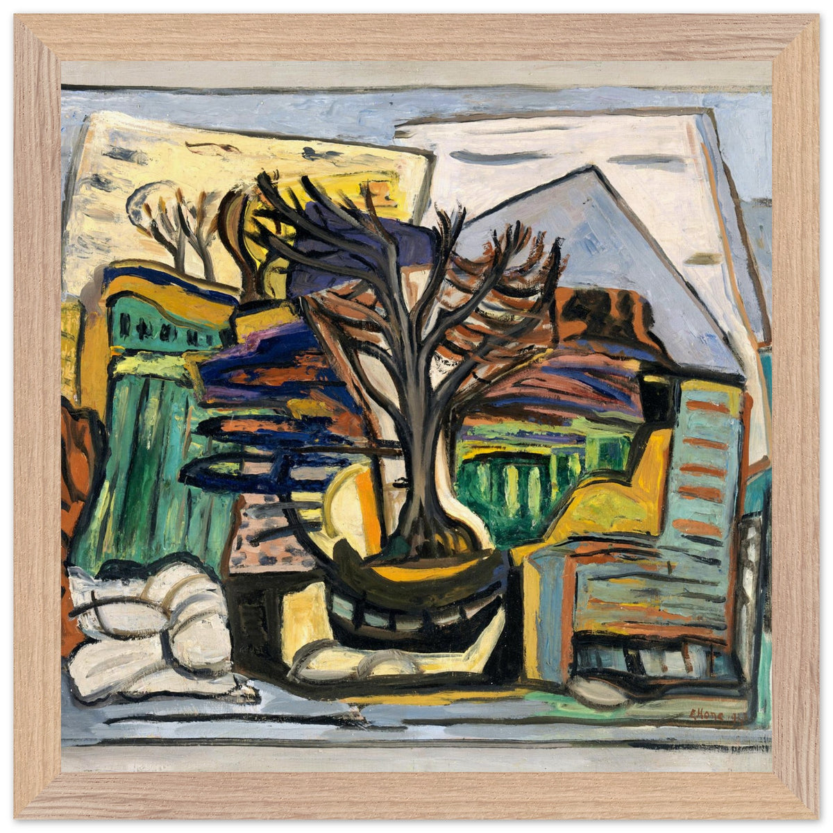 Evie Hone A Landscape with a Tree in a pale wood frame on a white background